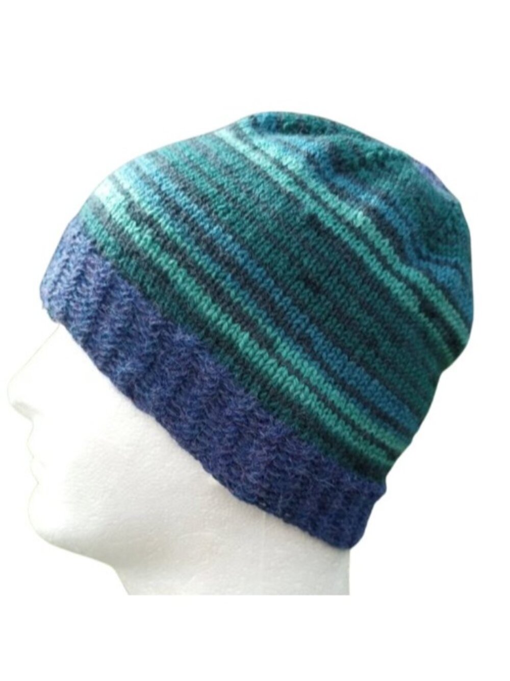 Men's Alpaca Wool Beanie Skully Hand Knit Hat Thin Faux Fair Isle Blue Green